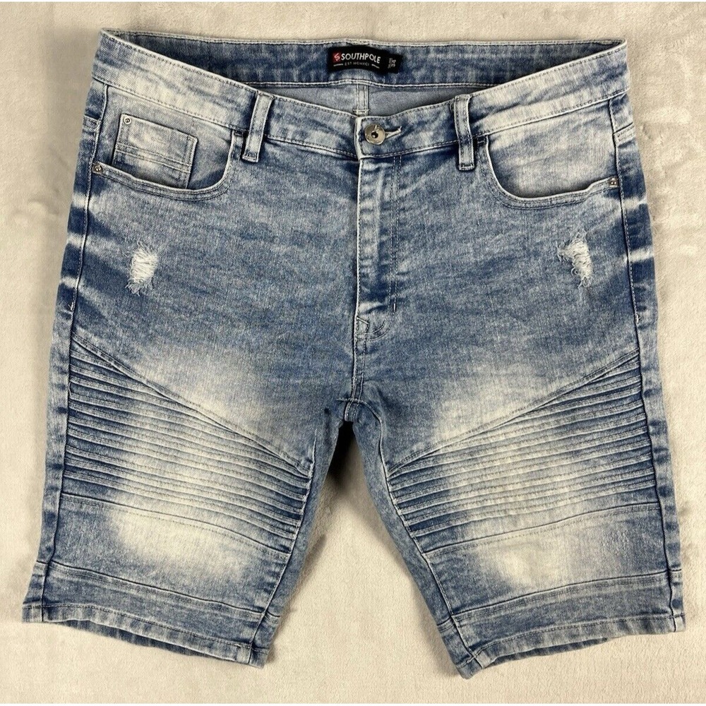 Southpole Shorts Men 34 Blue Wash Slim Fit Distresed Stretch 12'' Inseam Preppy
